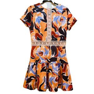 ALEXA ADMOR Multicolor Floral Short Sleeve Lace Inset Mini Dress Sz 4